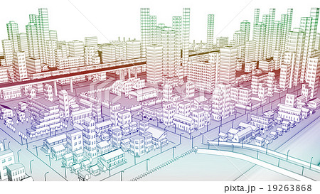 カラフルな線画の市街地の風景のイラスト素材