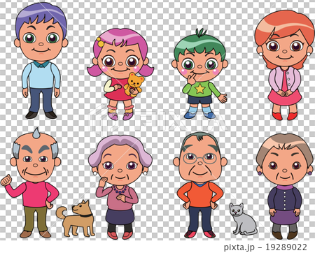 二組のおじいちゃんとおばあちゃんと若い家族 19289022