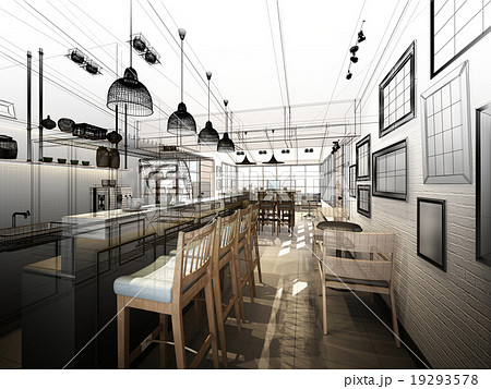 sketch design of coffee shop ,3d wire frame render 19293578