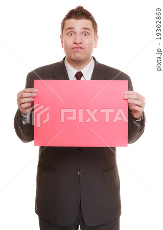 Funny business man holding sign red blank Funny business man holding sign red blank 19302869