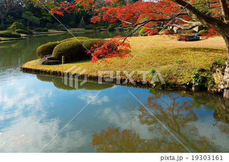 六義園の紅葉と湖面に映える景観 19303161