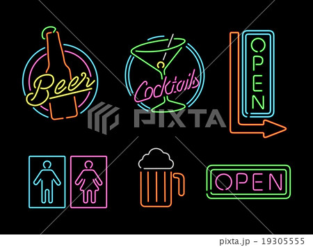 Neon light sign set icon retro bar beer open label 19305555