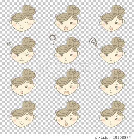 お団子ヘアの若い女性 いろいろな表情のセッ お団子ヘアの若い女性 いろいろな表情のセッ 19308874