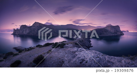 Beautiful night landscape with mountains, sea, sky 19309876