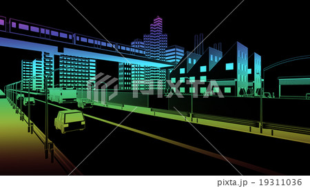 カラフルなサイバー調な工場と電車と車道の風景 カラフルなサイバー調な工場と電車と車道の風景 19311036