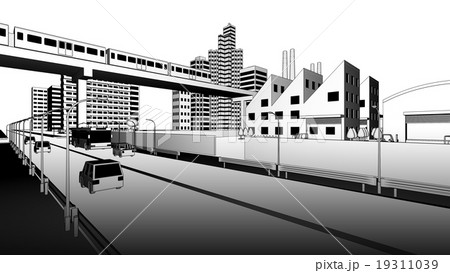 モノトーンの線画の工場と電車と車道の風景 モノトーンの線画の工場と電車と車道の風景 19311039