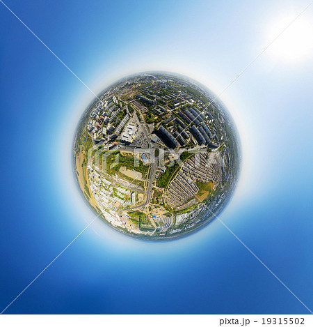 Aerial view of downtown. Crossroads, houses, buildings and parks. Little planet sphere. 19315502