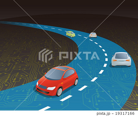 電子回路の上のカーブした道路を走る自動車のイラスト素材