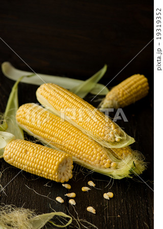 Organic sweet corn on wooden table Organic sweet corn on wooden table 19319352