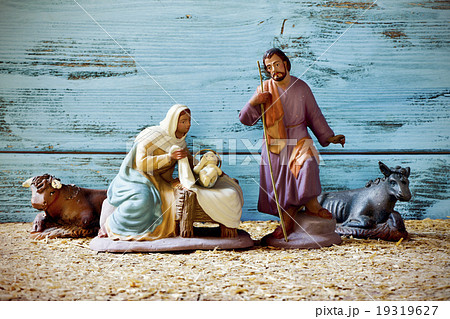 the holy family in a rustic nativity scene 19319627