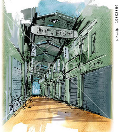 シャッター通りの商店街のイラスト素材 19332364 Pixta