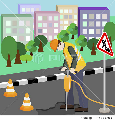 Repairing of the road. Repairman with jackhammer Repairing of the road. Repairman with jackhammer 19333703