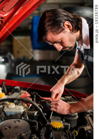 Auto mechanic fixing car engine 19338789