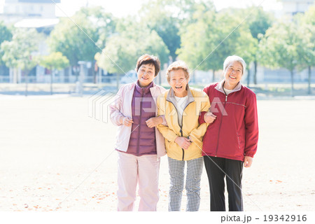 公園で楽しくおしゃべりしている日本人のシニア3人 公園で楽しくおしゃべりしている日本人のシニア3人 19342916