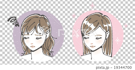 くせ毛女性のビフォーアフターイラスト 19344700