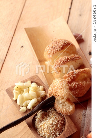 Garlic bread of herb delicious on wood background. Garlic bread of herb delicious on wood background. 19346031