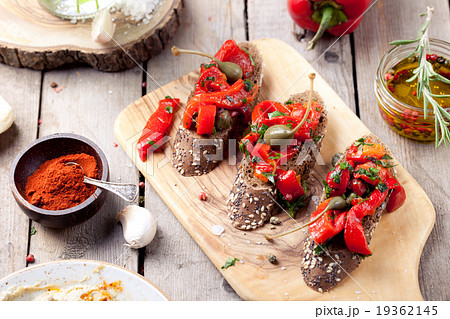 Italian bruschetta, crostini with roasted peppers 19362145