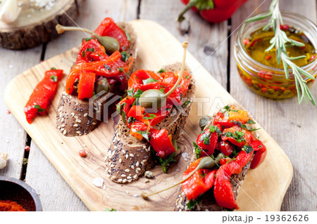 Italian bruschetta, crostini with roasted peppers Italian bruschetta, crostini with roasted peppers 19362626