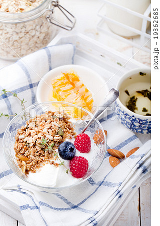 Healthy breakfast Granola with honey, yogurt 19362685