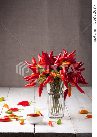 Chili peppers on a white wooden background 19362687