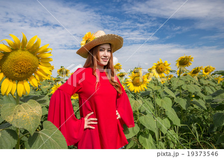 woman happy and enjoy in sunflower field 19373546