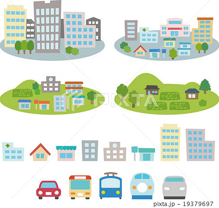 都市や住宅街 農村のイメージのセットのイラスト素材