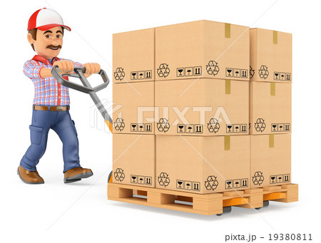3D Courier delivery man pushing a pallet truck 19380811