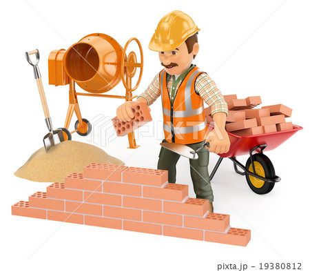 3D Construction worker building a brick wall 19380812