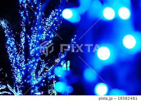 クリスマスイメージ 街路樹のイルミネーションの光の玉ボケ 右玉ボケアップ寒色系横位置の写真素材