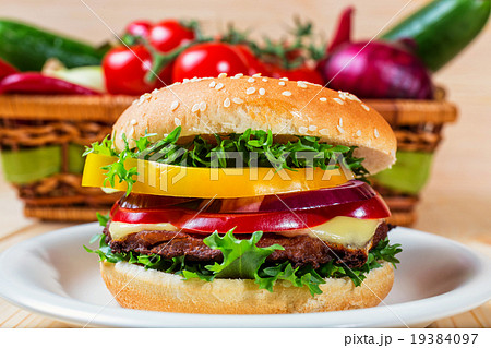 homemade hamburger with fresh vegetables 19384097