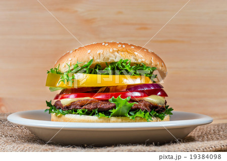 homemade hamburger with fresh vegetables, close up 19384098