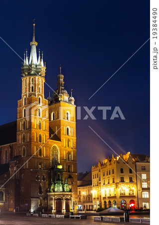 St. Mary's Church at night in Krakow, Poland. 19384490