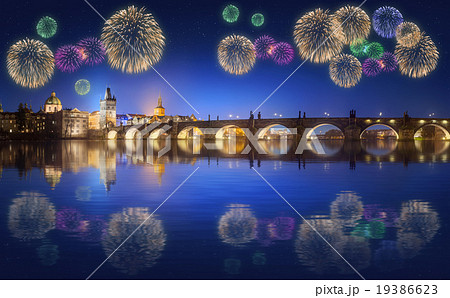Charles Bridge and beautiful fireworks in Prague Charles Bridge and beautiful fireworks in Prague 19386623