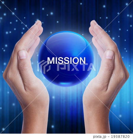 Hand showing blue crystal ball with mission word Hand showing blue crystal ball with mission word 19387820
