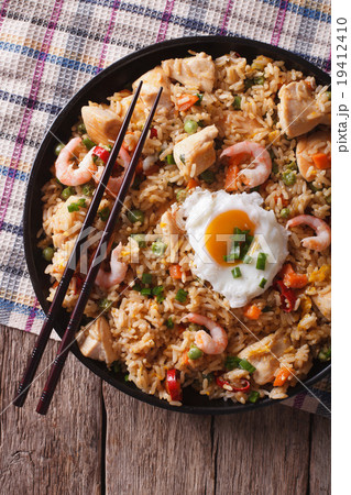 nasi goreng with chicken, prawns, egg, vegetables nasi goreng with chicken, prawns, egg, vegetables 19412410