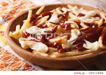 Traditional Canadian fast food poutine with sauce 19412899