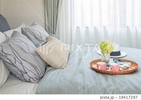 tray of two cup of coffee set with vase of flower tray of two cup of coffee set with vase of flower 19417297