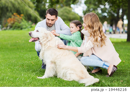 happy family with labrador retriever dog in park 19446216