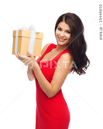 beautiful sexy woman in red dress with gift box 19446650