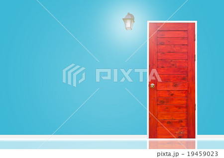 Wooden door and lamp with blue sky wall texture. Wooden door and lamp with blue sky wall texture. 19459023