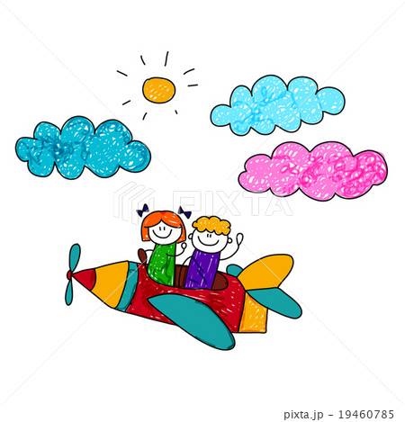 Happy boy and girl fly in pencil airplane 19460785