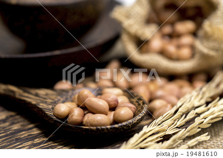 No shell dry peanut in wooden spoon and sack No shell dry peanut in wooden spoon and sack 19481610