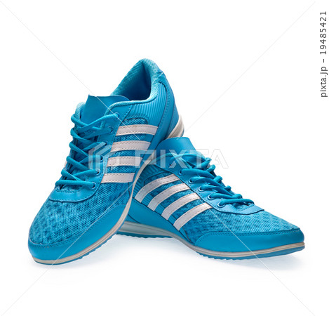 A pair of blue sports shoes with shoelace A pair of blue sports shoes with shoelace 19485421