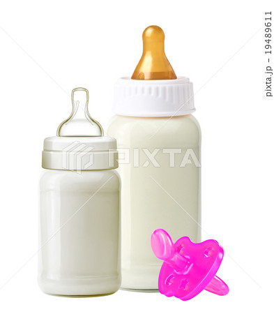 baby milk bottles and dummy isolated on white 19489611