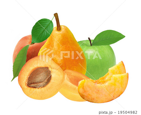 fresh apricot, peach, apple and pear on white fresh apricot, peach, apple and pear on white 19504982
