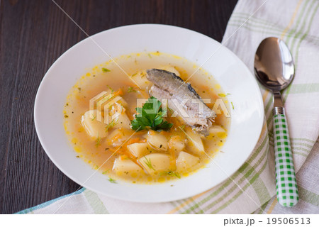 fresh soup of river fish in the plate 19506513