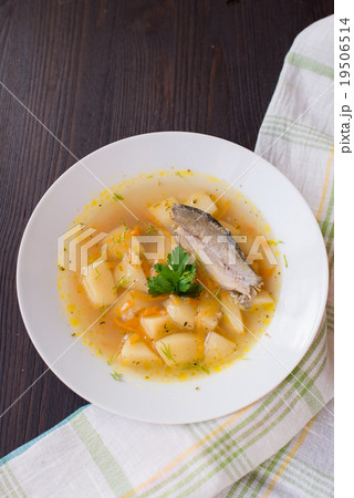 fresh soup of river fish in the plate 19506514
