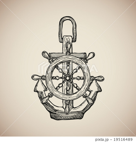 Vintage Marine Anchor with Steering Wheel isolated Vintage Marine Anchor with Steering Wheel isolated 19516489