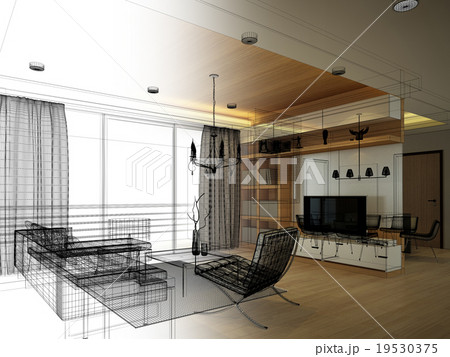 sketch design of living ,3dwire frame render 19530375