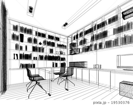 sketch design of studdy room ,3dwire frame render 19530376